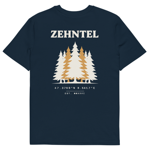 DER WALD TEILT T-Shirt French Navy, Rückansicht mit Wald-Druck