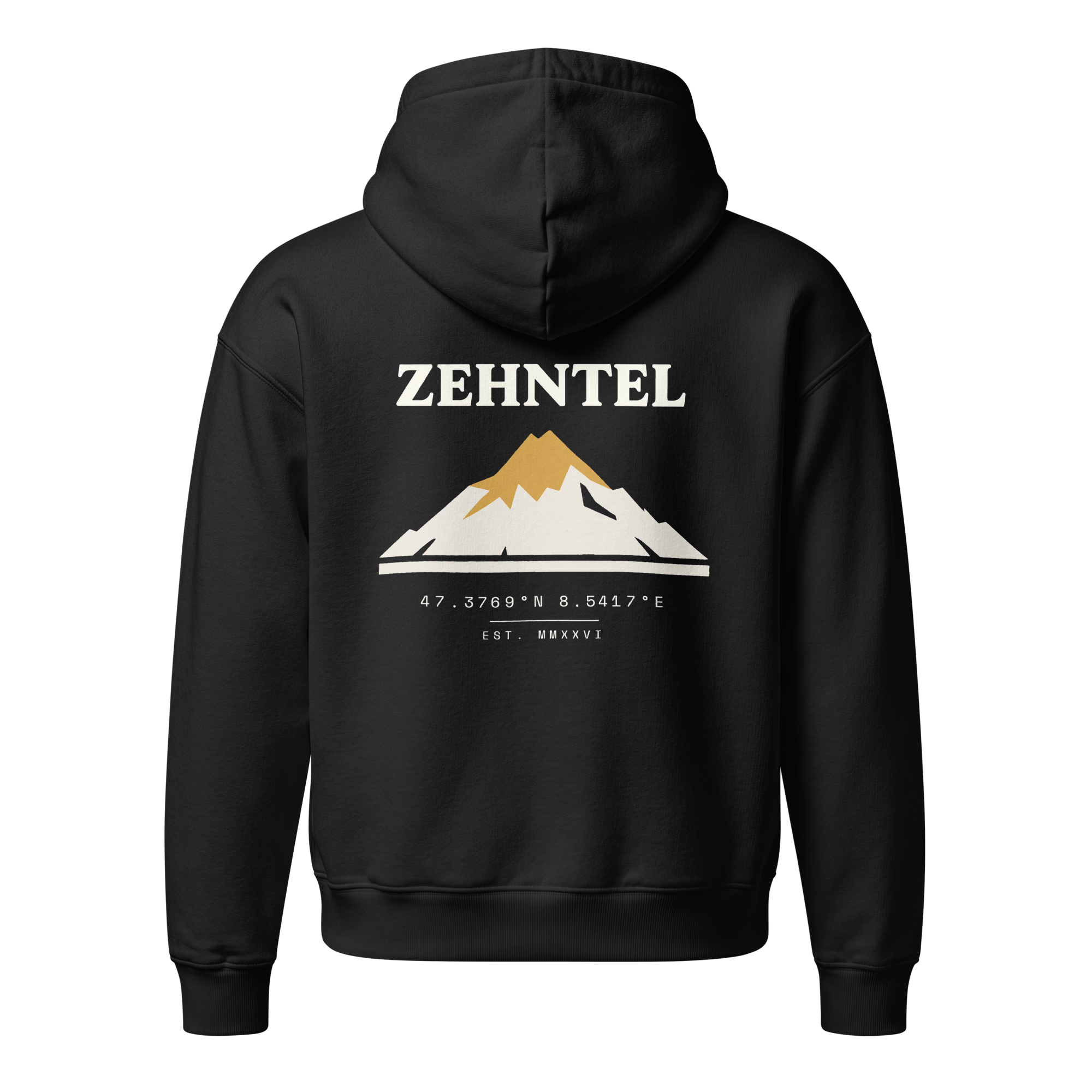 THE HIGHEST TENTH Oversized Hoodie Schwarz, Rückansicht mit Berg-Druck