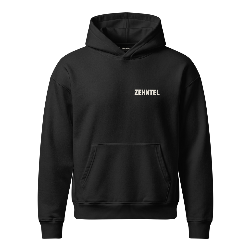 THE HIGHEST TENTH Oversized Hoodie Schwarz, Vorderansicht mit ZEHNTEL Brustlogo
