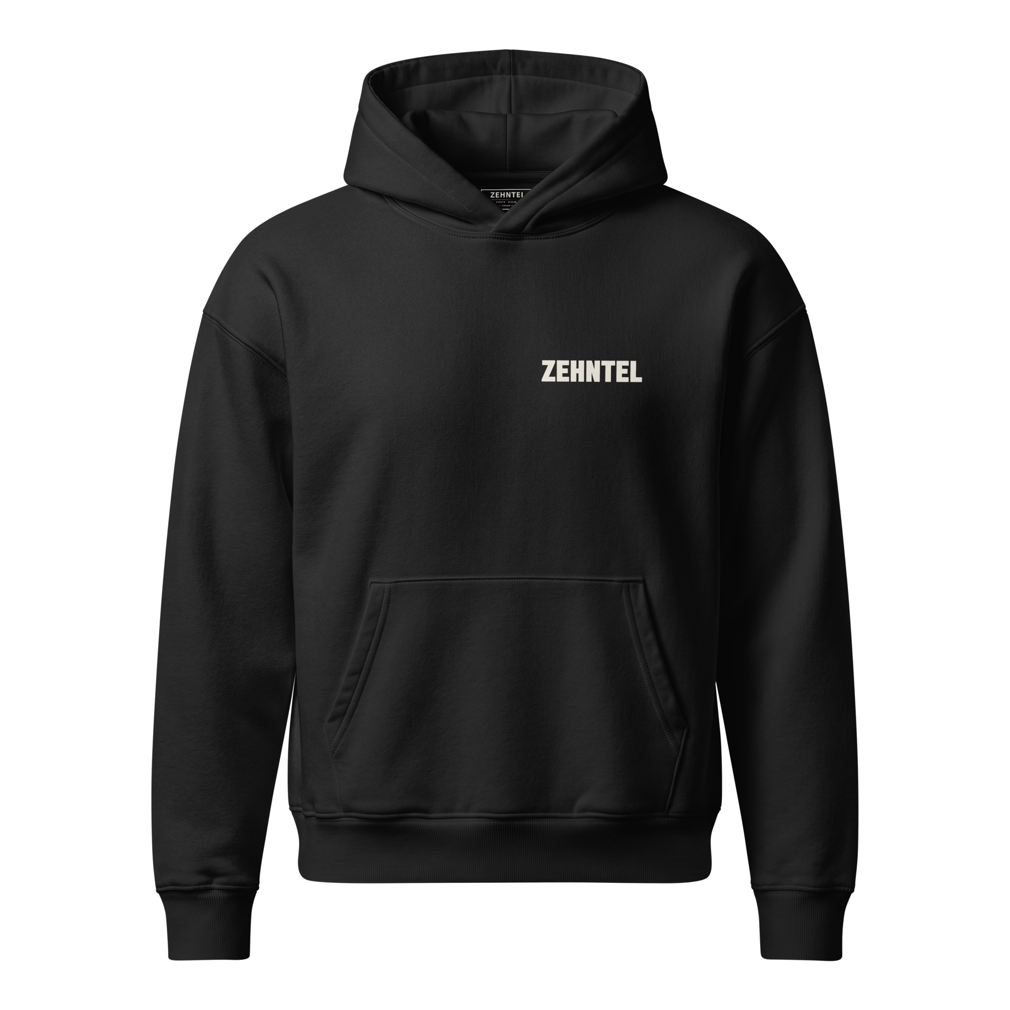 THE HIGHEST TENTH Oversized Hoodie Schwarz, Vorderansicht mit ZEHNTEL Brustlogo
