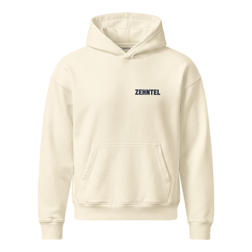 THE HIGHEST TENTH Oversized Hoodie Creme, Vorderansicht mit ZEHNTEL Brustlogo