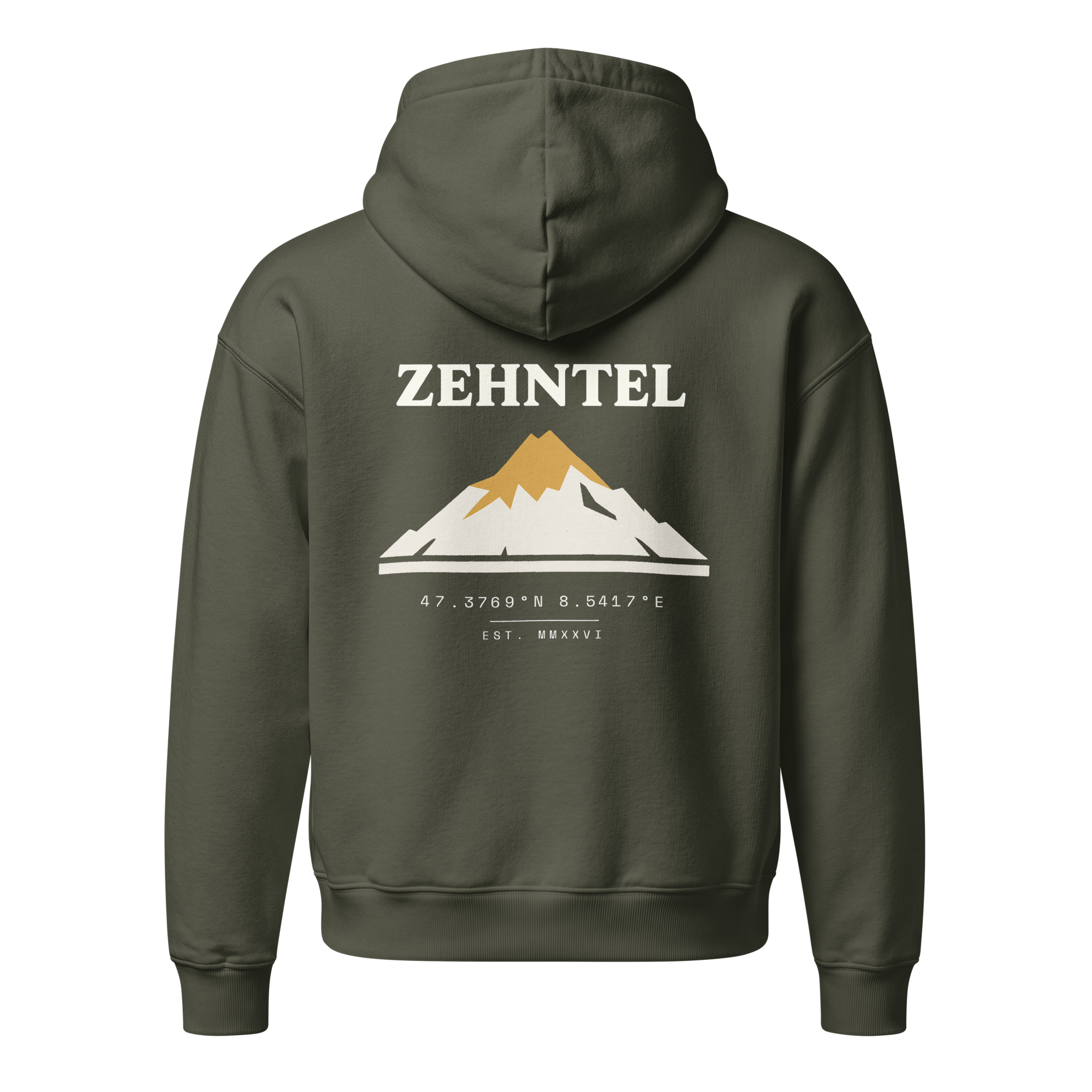 THE HIGHEST TENTH Oversized Hoodie Khaki Green, Rückansicht mit Berg-Druck