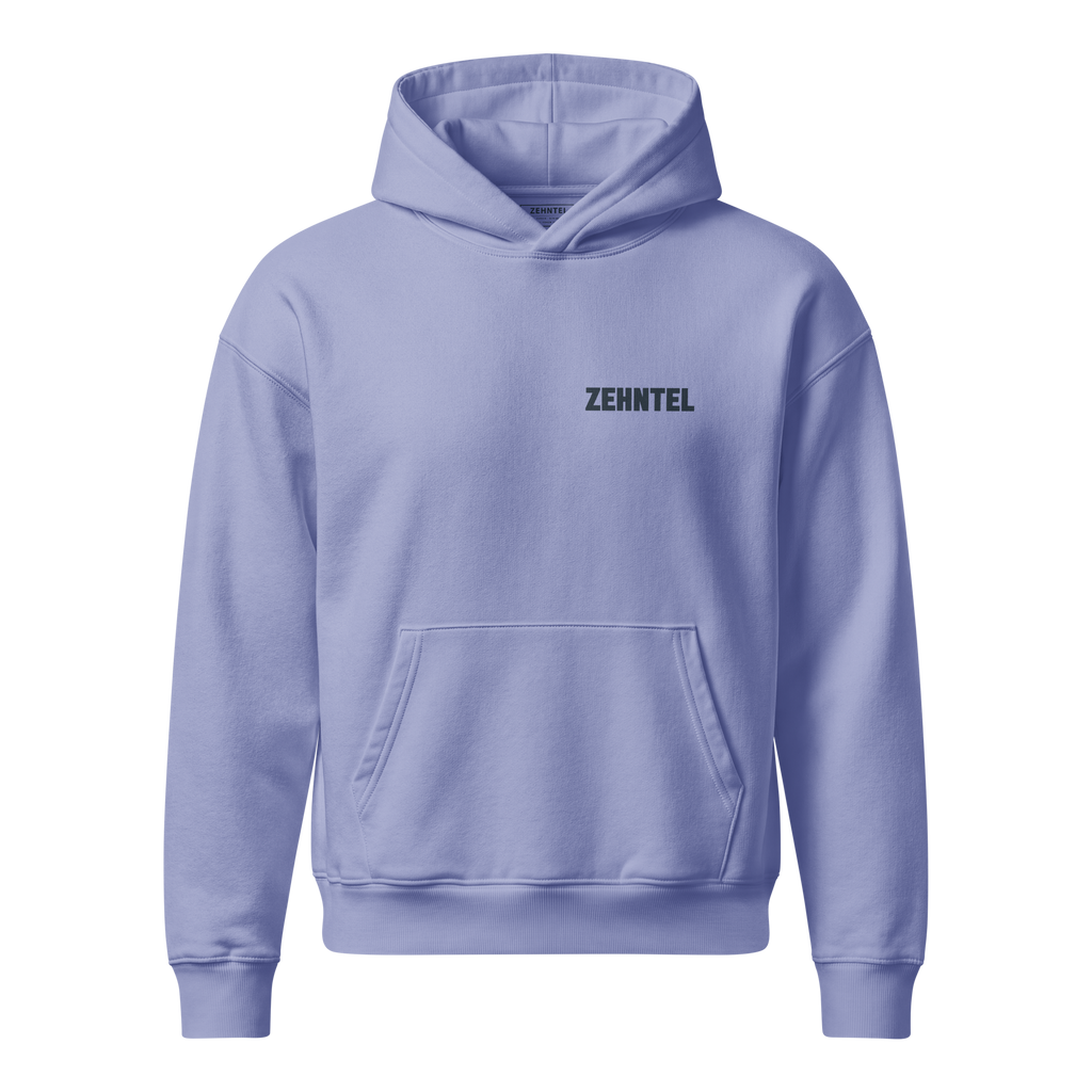 THE HIGHEST TENTH Oversized Hoodie Violett, Vorderansicht mit ZEHNTEL Brustlogo